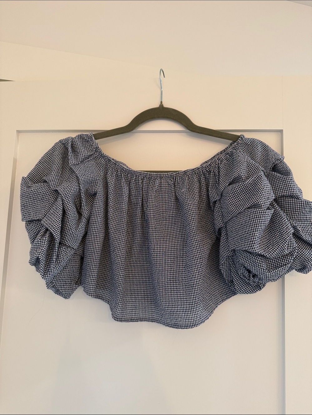 Blue Gingham Off-Shoulder Puff-Sleeve Crop Top